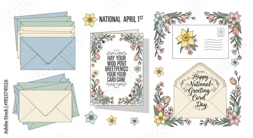 National postal or world mail day celebration with colorful flowers and envelopes on white background
