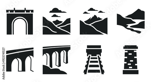 Minimalist landscape elements with mountains, bridges, and rails