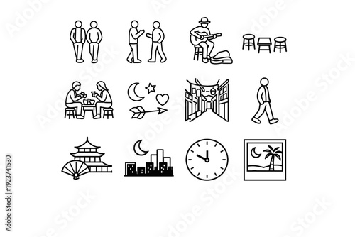 Night Market Icons. Night market lifestyle. Line icon set of Night market lifestyle: friends walking, chatting silhouettes, street musician, casual seating