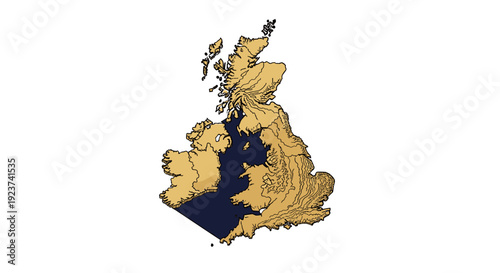 Detailed topographical map of the united kingdom in isometric style