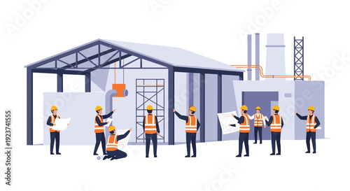 Construction workers in hard hats and vests work around an industrial building under construction with scaffolding.