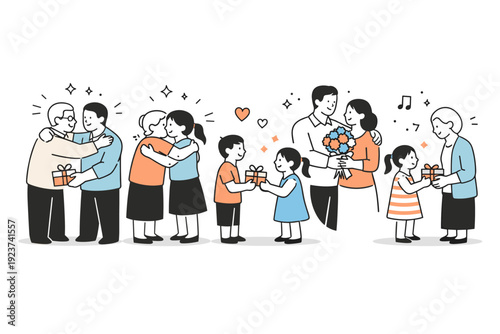 Festive family gathering. Relatives greeting each other with warm gestures, holding small presents or flowers, arranged in an open and
