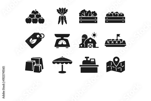Local Market Icons. Local produce market. Solid icon set of local produce market: apples stack, carrots bunch, leafy greens crate, tomatoes box, organic label