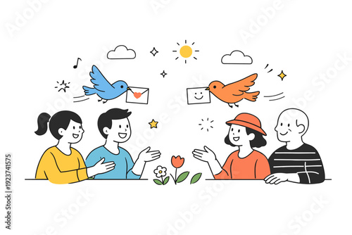 Playful surreal spring interactions. A group exchanging smiles as birds carry small message cards between them, blending nature and