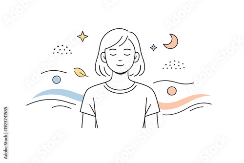 Winding down. Person practicing slow breathing or meditation, eyes closed and calm expression. Soft waves, dots, and abstract shapes floating