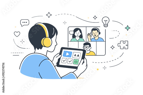 Digital collaboration for neurodiverse teams. A person uses a tablet with accessible interface features while interacting with colleagues via video call,