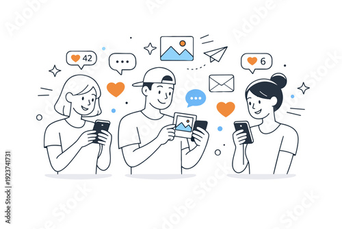 Social media interaction. People using smartphones to share photos and messages, floating abstract icons of likes, comments, and messages