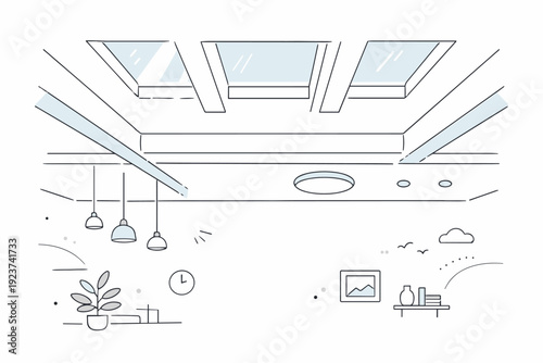 Ceilings as focus. A wide interior scene directs the viewer?s gaze upward toward a ceiling with soft beams, light fixtures, or skylights,