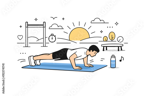 Outdoor calisthenics workouts ? Morning calisthenics routine outdoors. Person doing push-ups or squats on a mat, soft sunrise light, calm