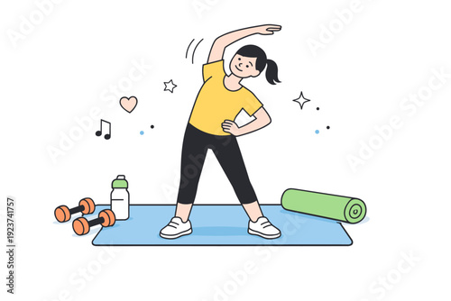 Fitness training. Modern editorial illustration showing a small workout setup with a mat, dumbbells, and a character stretching or warming