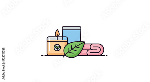 A lit candle a glass of water a green leaf and a rolled pink towel are neatly arranged on a white background, Generative AI.