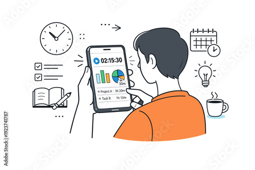 Time tracking apps. Person checking a clean dashboard on a smartphone with timers and charts. Calm productivity mood, awareness of time and focused work