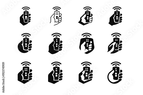 Remote in hand. Icon set. Set Logo of Remote in hand: smart home remote device. harmonious logo variations of the same emblematic concept,