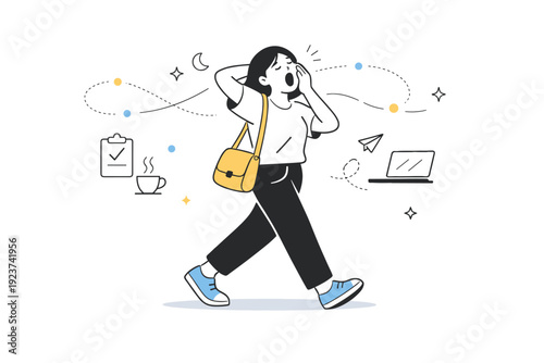Life in-between moments. Character yawning or stretching while walking between tasks, with floating dots and light lines showing mental drift. Transitional