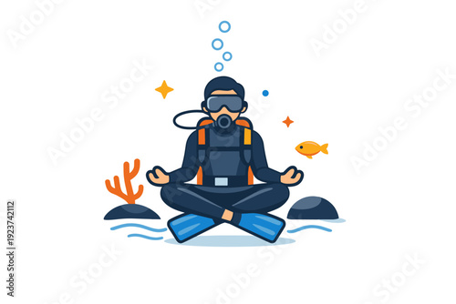 Scuba diving highlighting mindfulness and slow breathing in a quiet underwater environment. A calm and balanced composition with a relaxed diver, steady