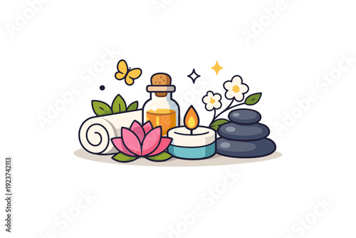 Spring wellness peaceful spa inspired moment with flowers and soft light, conveying relaxation, recovery, and gentle care in a seasonal context. Minimalist