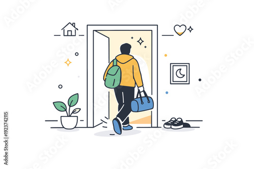 People returning home. A person steps inside a doorway with soft light behind, suggesting safety and rest. The scene feels intimate, slow,