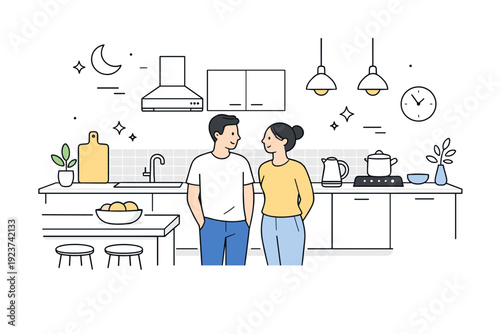 Modern decluttered kitchens. Evening scene with clean surfaces, soft shadows, and a tidy finished kitchen after use. Feeling of completion,