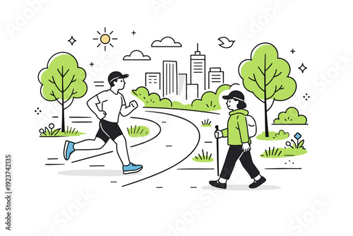 Urban hiking trails in spring. Jogger and walker sharing a paved trail lined with young trees and grass, city skyline peeking through. Everyday outdoor