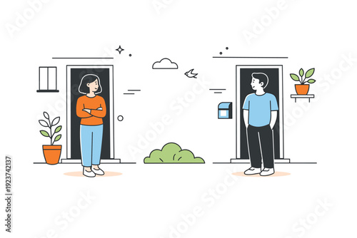 People lingering outside homes. Two neighbors stand near their doorways, quietly sharing the same outdoor space without conversation.