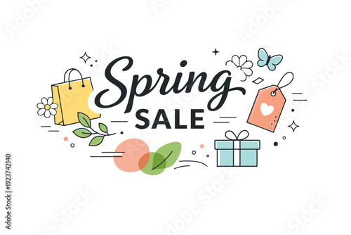 Spring sale abstract composition. A balanced banner layout combining soft shapes and light decorative elements arranged asymmetrically. The illustration