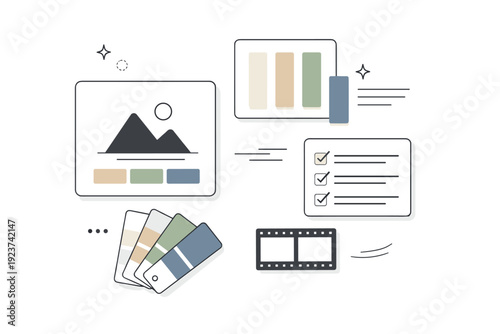 Film-inspired color palette selection. A calm composition showing abstract cards and swatches arranged thoughtfully, evoking color grading