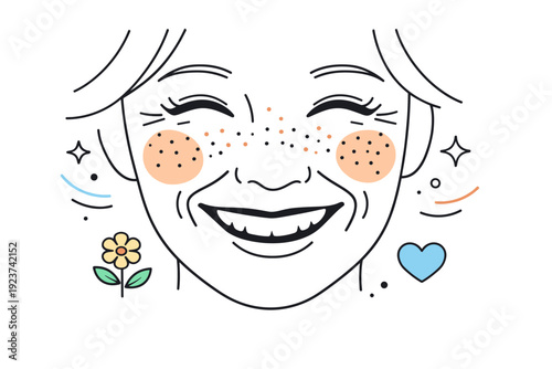 Wrinkles and freckles close-ups. Close-up of a smiling face, freckles and fine lines visible naturally under soft light. Editorial scene highlighting