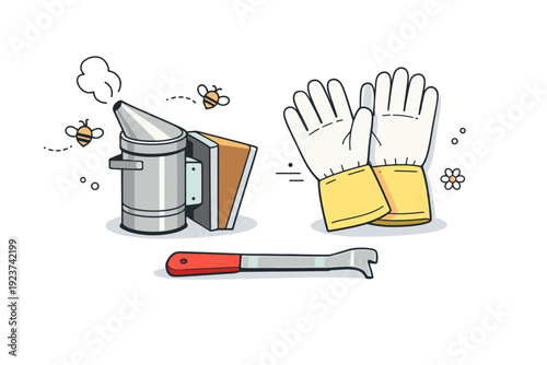 Beekeeper tools close-up. A focused editorial close-up of simple beekeeping tools like a smoker and gloves, neatly arranged, expressing care