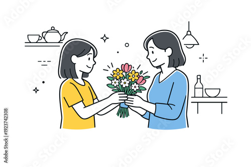 Mothers receiving flowers at home. Two figures stand close in a kitchen as flowers are passed gently between hands. Everyday gratitude,
