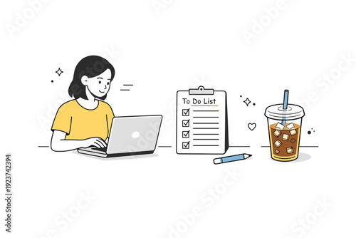 Morning work sessions with iced coffee. Minimal workspace with laptop open, to-do list checked, and iced coffee as a small morning ritual.