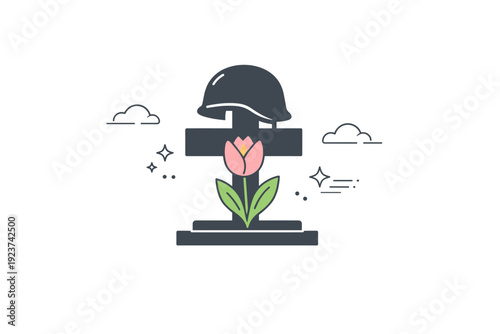 Blooming Memorial Tribute. Spring national remembrance illustration. Abstract composition with a single blooming flower placed at a memorial symbol,