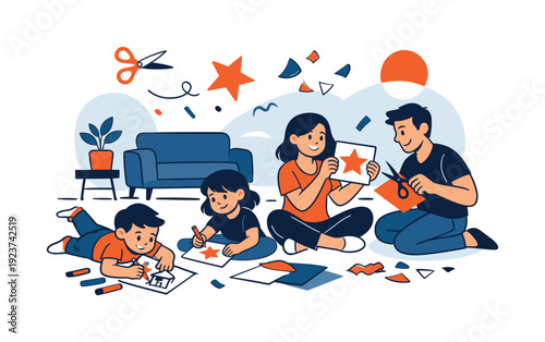 Living room creativity. Kids drawing with crayons while parents help with scissors, stars