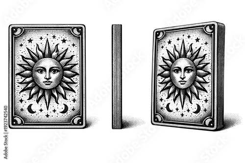 Sun Tarot Card. Tarot card design depicting a symbolic sun emblem within a rectangular card frame shown from front view, side view, and three-quarter view as a