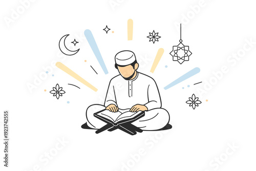 Spiritual reflection during Ramadan. A calm figure reading the Quran in a clean quiet space, with abstract light rays and floating decorative