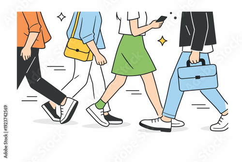 Cropped bodies in motion. Several people passing by, only partial torsos and limbs visible. Anonymous everyday flow captured through framing