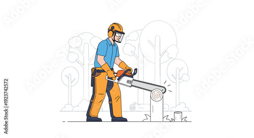 A lumberjack in full safety gear is using a chainsaw to cut down a tree trunk in a sparse forest.