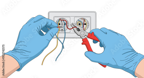 Gloved hands are using pliers to connect electrical wires to a pair of wall sockets during an installation process.