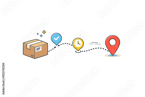 Real-Time Parcel Tracking. Package tracking. Editorial-style icon showing a parcel connected to a dotted route with checkpoints and a location pin, expressing