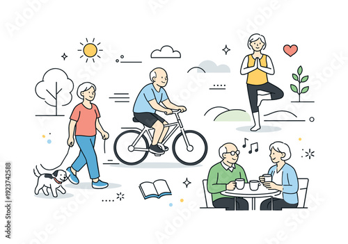 Active aging lifestyle overview. Calm editorial scene showing older adults staying active through daily movement and social interaction.