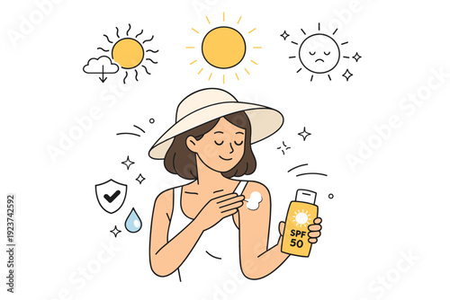 How the sun affects our skin. Person applying sunscreen while sun icons float above, calm self-care routine before going outside. Focus on