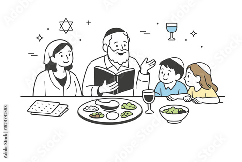 Passover table storytelling moment. Family gathered around a table with simple symbolic items, children leaning forward with interest, gentle