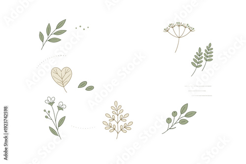 Herbarium decorative accents. Small botanical fragments placed lightly around the canvas, creating an airy scientific collage.