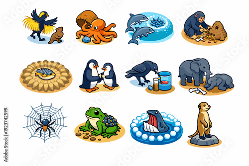 Rare animal behaviors. Colorful isometric vector icons set of Rare animal behaviors: dancing bird courtship, octopus tool use, dolphin