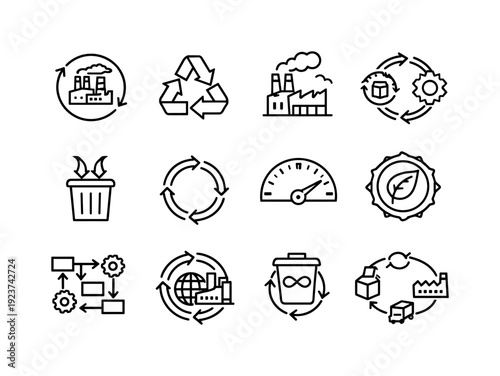 Closing the Loop in Industrial Production. Line outline icon set of Closing the Loop in