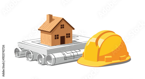 A wooden model house rests on stacked blueprints and rolled plans, positioned beside a yellow construction hard hat.