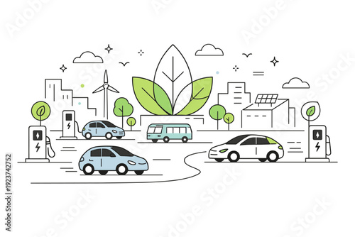 Electric mobility future. Minimal city scene with electric cars moving quietly along simple roads, charging points and leaf icons integrated