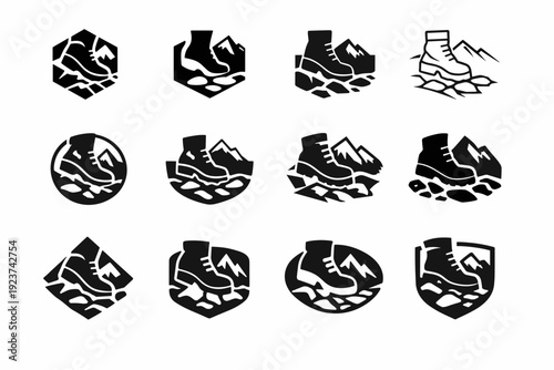 Hiking boots on rocky path. Icon set. Set Logo of Hiking boots on rocky path: mountain trail with boot print. harmonious logo variations of the same emblematic