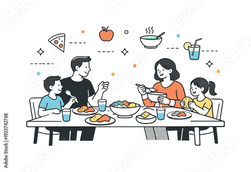 Happy family enjoying a delicious meal together at the dining table with food and drinks