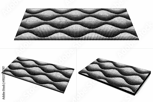 Tileable wave-based halftone dot background pattern shown as a single object presented in three views: flat top view, angled view, and three-quarter