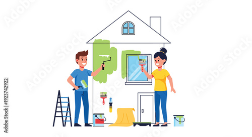 A young couple, a man and a woman, are painting the exterior of their house green with rollers and brushes.